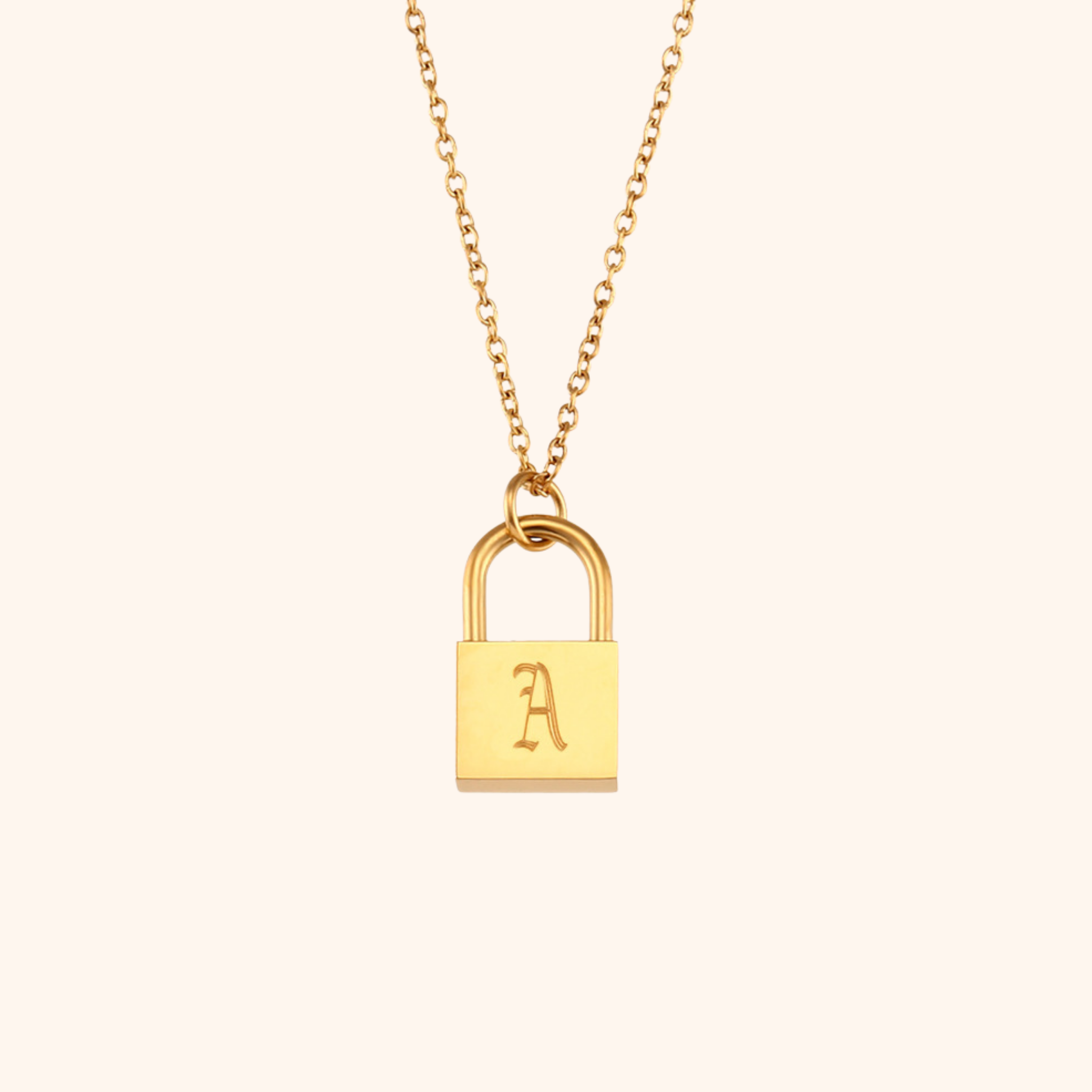 18k gold lock pendant necklace with engraved letter A